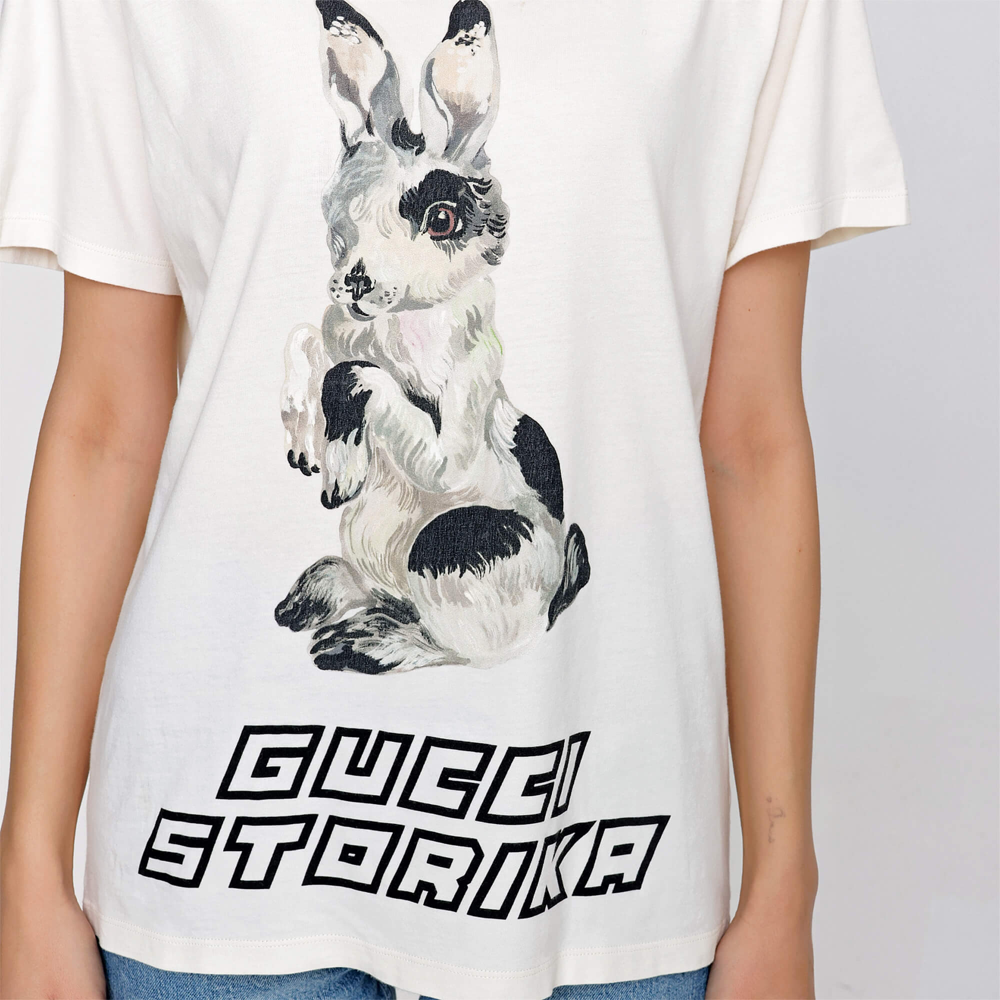 Gucci - Off White Cotton Rabbit Print Storika Tshirt